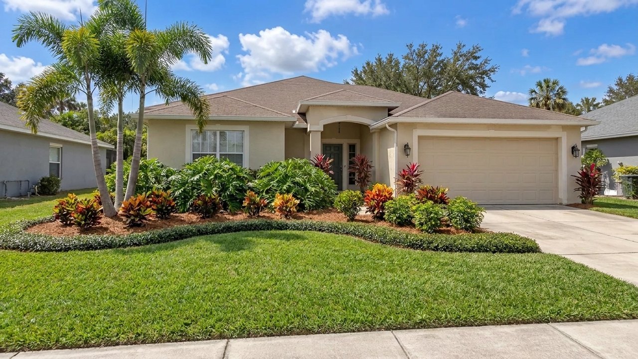 Design concept rendering of the same front yard with fresh green sod, a trio of Christmas palms and deep tropical beds of crotons, philodendron and ti plants