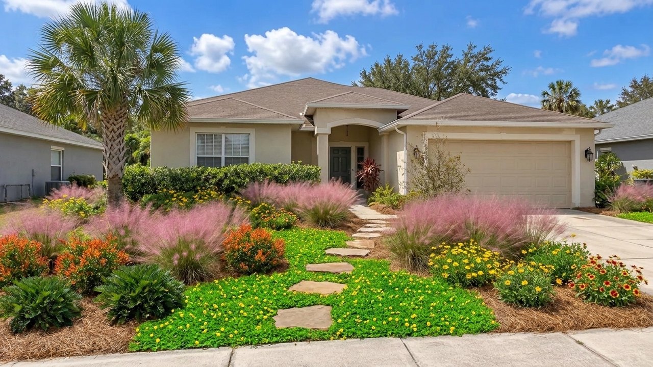 Design concept rendering of the same front yard replanted as a Florida native garden with a sabal palm, pink muhly grass, firebush and perennial peanut groundcover