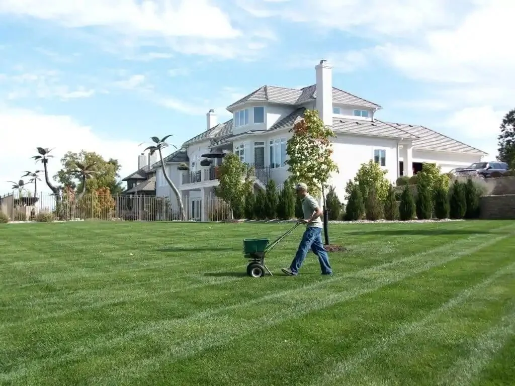 Millennium technician spreading lawn fertilizer across an Odessa, FL property