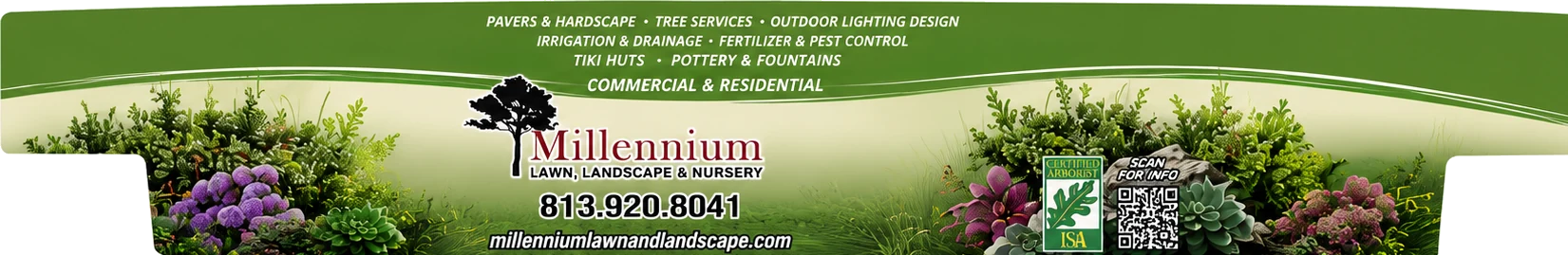 Millennium Lawn, Landscape & Nursery truck wrap: pavers and hardscape, tree services, outdoor lighting design, irrigation and drainage, fertilizer and pest control, tiki huts, pottery and fountains