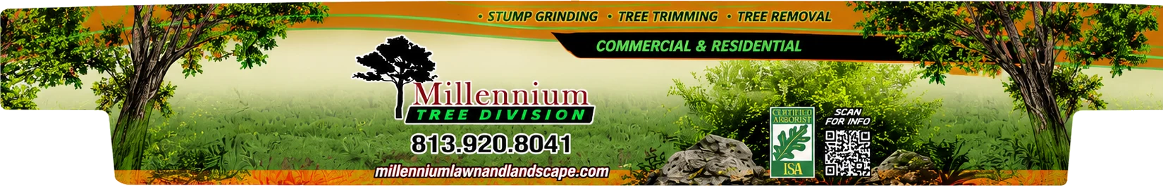 Millennium Tree Division truck wrap: stump grinding, tree trimming, tree removal, with ISA Certified Arborist credential