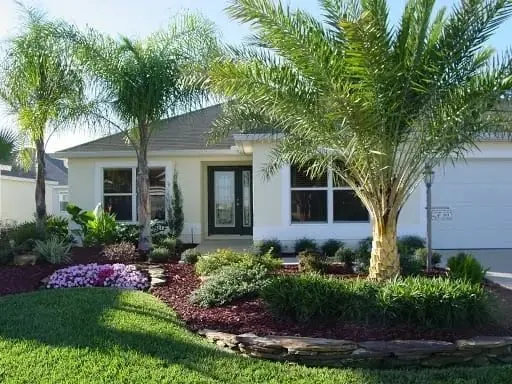 Custom Florida front-yard landscape design with sculpted palms, flowering beds, a stacked-stone border and a manicured lawn, installed by Millennium in Tampa Bay