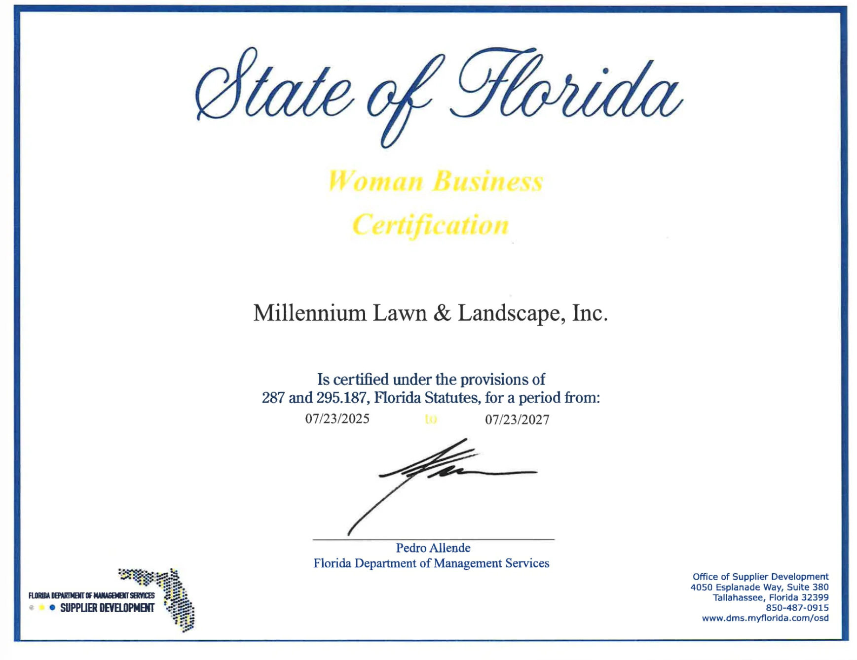 Official certificate recognizing Millennium as a Certified Woman-Owned Business
